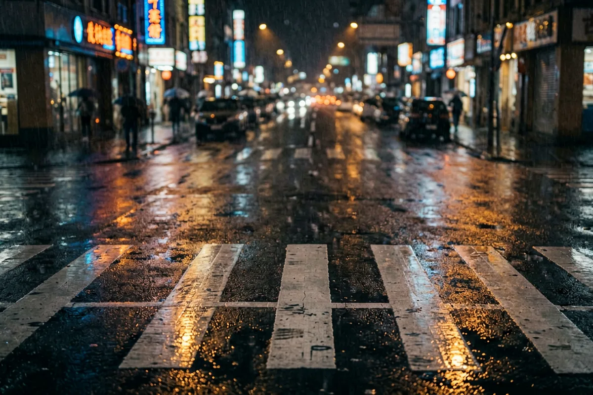 雨夜城市路口与暖色灯光，暗示狼友社区人气讨论的夜间公共感